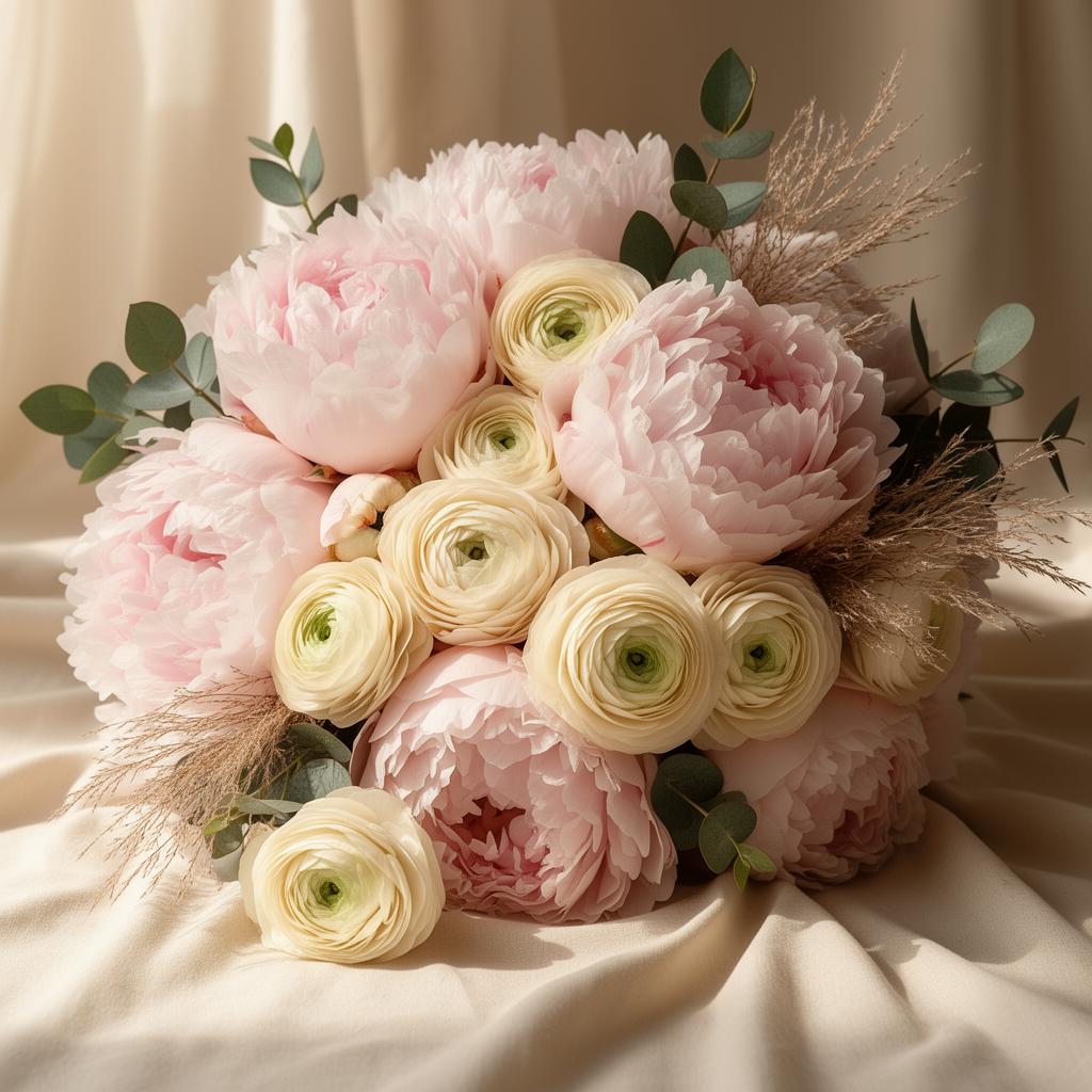 Blush peonies and cream ranunculus in morning light